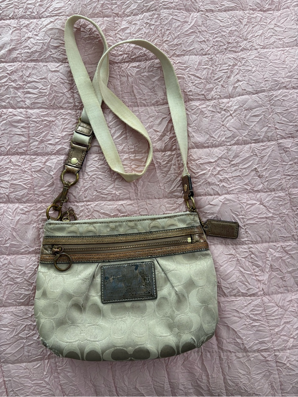Vintage Y2K Coach Poppy Signature Crossbody Project Bag - Beige/Gold